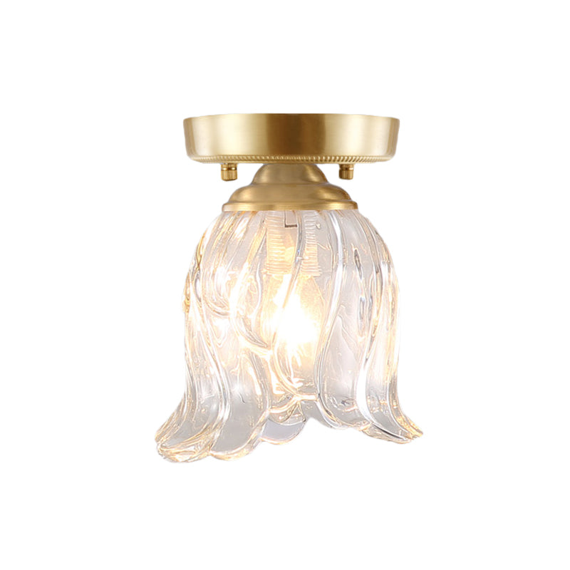 Brass 1-Light Semi Flush Mount Traditional Clear Ripple/Fluted Glass Cone/Flower Ceiling Flush for Living Room Clearhalo 'Ceiling Lights' 'Chandeliers' 'Close To Ceiling Lights' 'Close to ceiling' 'Glass shade' 'Glass' 'Pendant Lights' 'Semi-flushmount' Lighting' 1688793