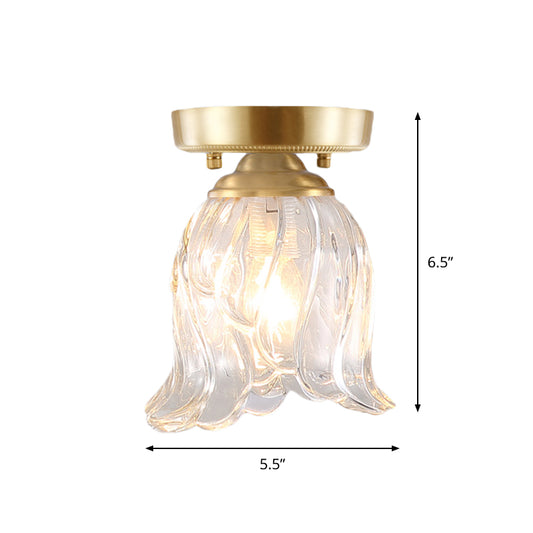 Brass 1-Light Semi Flush Mount Traditional Clear Ripple/Fluted Glass Cone/Flower Ceiling Flush for Living Room Clearhalo 'Ceiling Lights' 'Chandeliers' 'Close To Ceiling Lights' 'Close to ceiling' 'Glass shade' 'Glass' 'Pendant Lights' 'Semi-flushmount' Lighting' 1688794