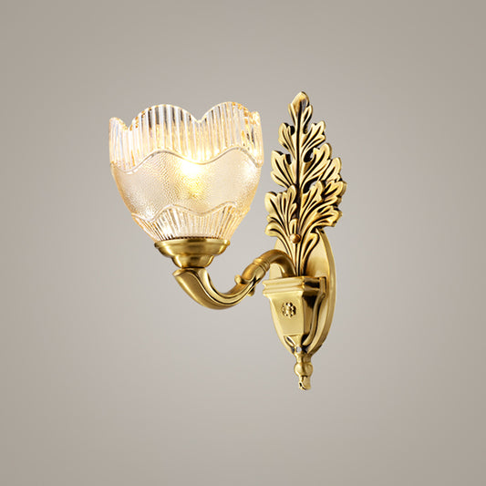 Gold Single Light Wall Sconce Antique Clear Ribbed Glass Flower Bud Wall Lighting Idea Clearhalo 'Wall Lamps & Sconces' 'Wall Lights' Lighting' 1688804