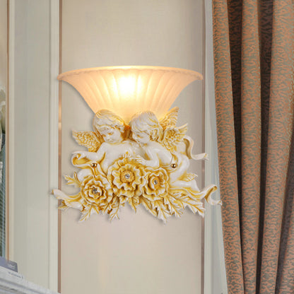 1-Head Wide Bowl Wall Light Rustic Gold/Beige Opal Fluted Glass Wall Mounted Lamp with Dual Angels Decor Beige Clearhalo 'Wall Lamps & Sconces' 'Wall Lights' Lighting' 1688840