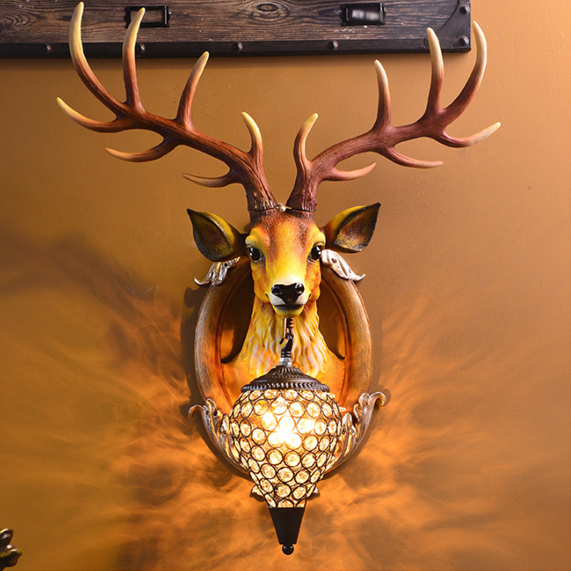 Deer Head Living Room Sconce Light Farmhouse Resin Single Bulb White/Black-White/Black-Brown Wall Mounted Lamp with Ball Beveled Crystal Shade Clearhalo 'Wall Lamps & Sconces' 'Wall Lights' Lighting' 1688878
