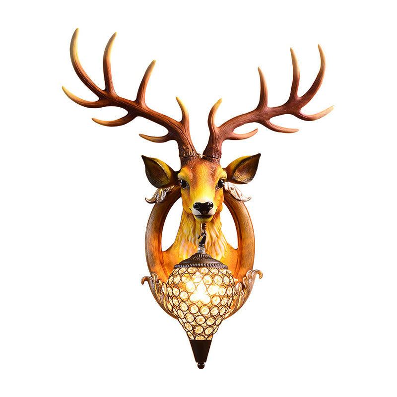 Deer Head Living Room Sconce Light Farmhouse Resin Single Bulb White/Black-White/Black-Brown Wall Mounted Lamp with Ball Beveled Crystal Shade Clearhalo 'Wall Lamps & Sconces' 'Wall Lights' Lighting' 1688879