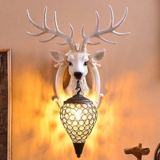 Deer Head Living Room Sconce Light Farmhouse Resin Single Bulb White/Black-White/Black-Brown Wall Mounted Lamp with Ball Beveled Crystal Shade Clearhalo 'Wall Lamps & Sconces' 'Wall Lights' Lighting' 1688882
