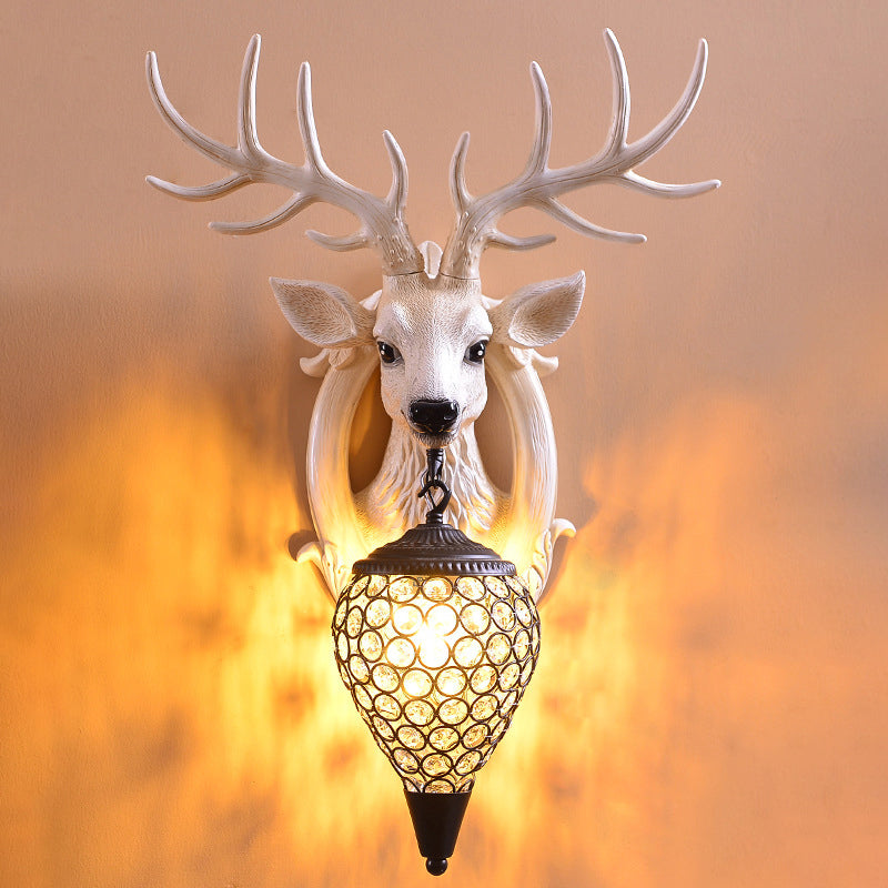 Deer Head Living Room Sconce Light Farmhouse Resin Single Bulb White/Black-White/Black-Brown Wall Mounted Lamp with Ball Beveled Crystal Shade Clearhalo 'Wall Lamps & Sconces' 'Wall Lights' Lighting' 1688883