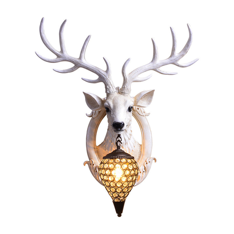 Deer Head Living Room Sconce Light Farmhouse Resin Single Bulb White/Black-White/Black-Brown Wall Mounted Lamp with Ball Beveled Crystal Shade Clearhalo 'Wall Lamps & Sconces' 'Wall Lights' Lighting' 1688884