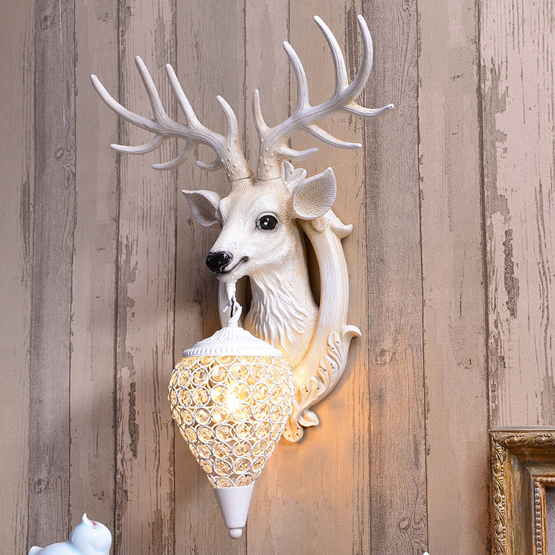 Deer Head Living Room Sconce Light Farmhouse Resin Single Bulb White/Black-White/Black-Brown Wall Mounted Lamp with Ball Beveled Crystal Shade White Clearhalo 'Wall Lamps & Sconces' 'Wall Lights' Lighting' 1688885