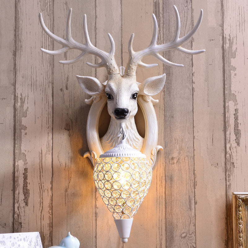 Deer Head Living Room Sconce Light Farmhouse Resin Single Bulb White/Black-White/Black-Brown Wall Mounted Lamp with Ball Beveled Crystal Shade Clearhalo 'Wall Lamps & Sconces' 'Wall Lights' Lighting' 1688886