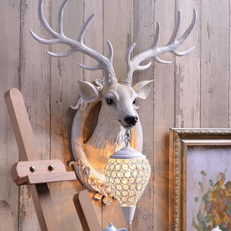 Deer Head Living Room Sconce Light Farmhouse Resin Single Bulb White/Black-White/Black-Brown Wall Mounted Lamp with Ball Beveled Crystal Shade Clearhalo 'Wall Lamps & Sconces' 'Wall Lights' Lighting' 1688887
