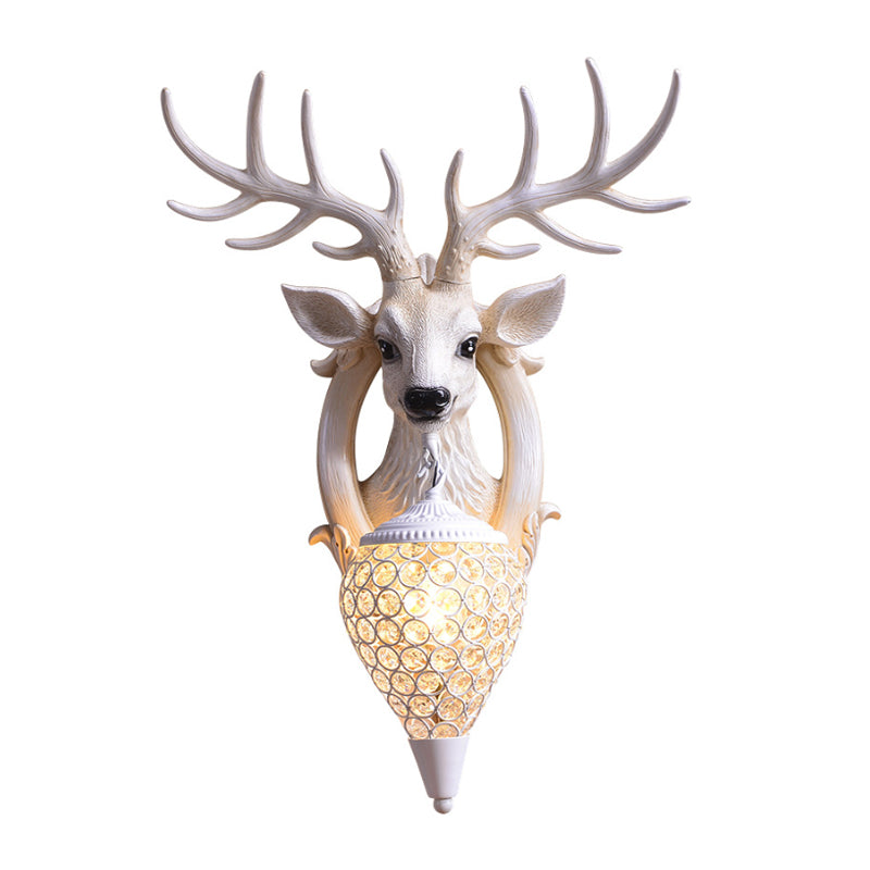 Deer Head Living Room Sconce Light Farmhouse Resin Single Bulb White/Black-White/Black-Brown Wall Mounted Lamp with Ball Beveled Crystal Shade Clearhalo 'Wall Lamps & Sconces' 'Wall Lights' Lighting' 1688888