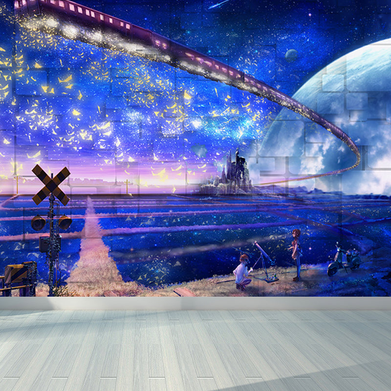 Modern Planet View Mural Wallpaper Blue Waterproofing Wall Covering for Girls Bedroom Blue Design 3 Clearhalo 'Wall Decor' 'Wall Mural' 1689133