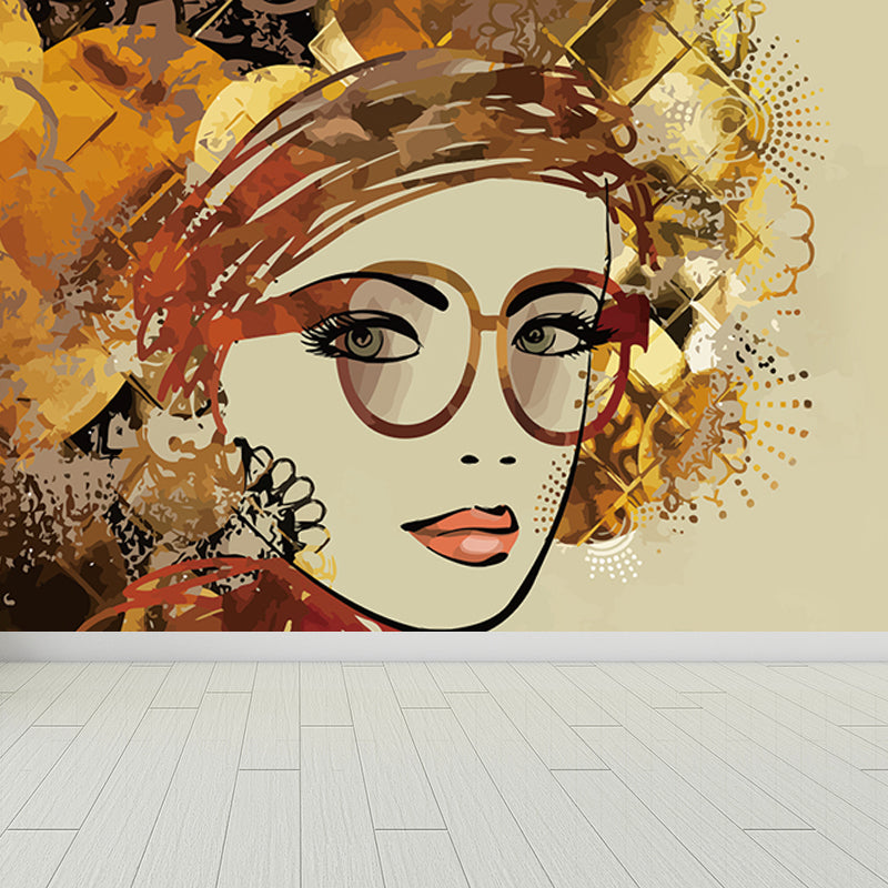 Female Character Print Mural Wallpaper Contemporary Non-Woven Material Wall Covering Beige Clearhalo 'Wall Decor' 'Wall Mural' 1689183