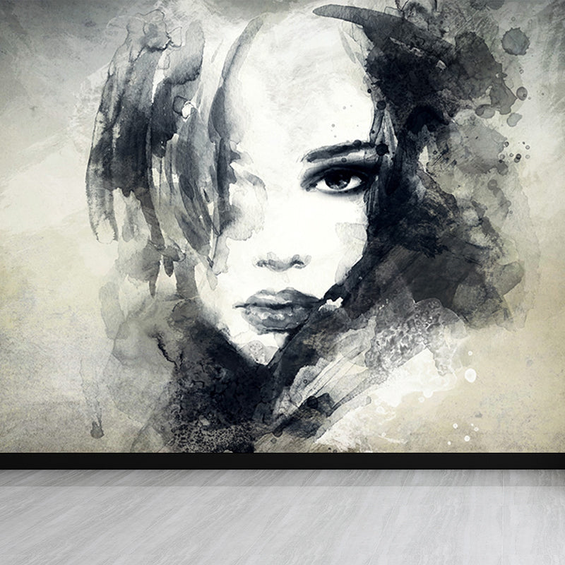 Female Character Print Mural Wallpaper Contemporary Non-Woven Material Wall Covering Black Clearhalo 'Wall Decor' 'Wall Mural' 1689188