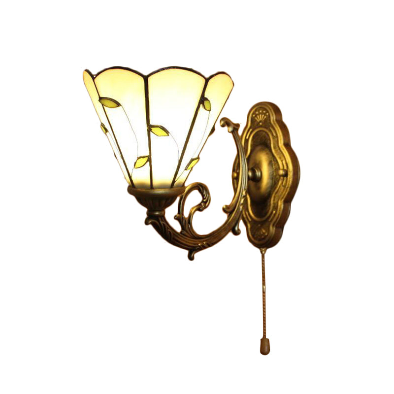 Beige Conical Wall Lighting with Leaf Design Vintage Rustic Single Light Wall Sconce Clearhalo 'Industrial' 'Middle century wall lights' 'Tiffany wall lights' 'Tiffany' 'Wall Lamps & Sconces' 'Wall Lights' Lighting' 168921