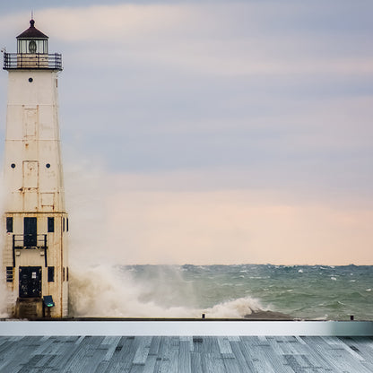Big Lighthouse View Mural Wallpaper Illuminative Coastal Dining Room Wall Covering Light Blue Design 2 Clearhalo 'Wall Decor' 'Wall Mural' 1689218