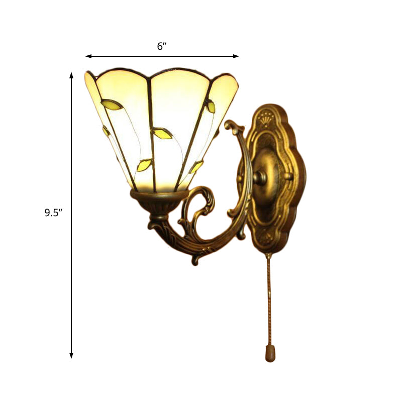 Beige Conical Wall Lighting with Leaf Design Vintage Rustic Single Light Wall Sconce Clearhalo 'Industrial' 'Middle century wall lights' 'Tiffany wall lights' 'Tiffany' 'Wall Lamps & Sconces' 'Wall Lights' Lighting' 168922