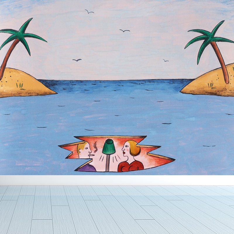 Illustration Style Art Print Mural Decal for Living Room, Soft Color, Custom Size Available Blue Clearhalo 'Wall Decor' 'Wall Mural' 1689254