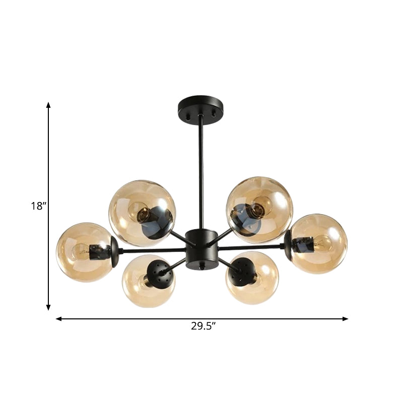 Amber/Blue/Clear Glass Spherical Chandelier Light Post Modern 6/8/10 Lights Black Pendant Lamp for Bedroom Clearhalo 'Ceiling Lights' 'Chandeliers' 'Clear' 'Glass shade' 'Glass' 'Industrial' 'Modern Chandeliers' 'Modern' 'Tiffany' 'Traditional Chandeliers' Lighting' 168929