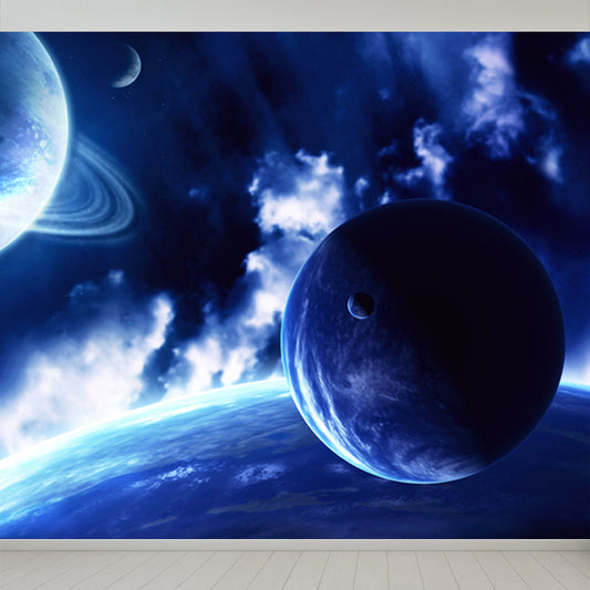 Amazing Planet Scene Mural Decal Blue Contemporary Wall Covering for Living Room