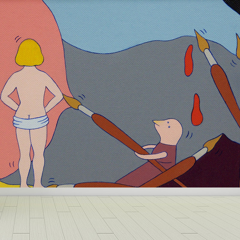 Illustration Style Figure Wall Mural Giant Wall Covering for Dining Room, Custom Orange Clearhalo 'Wall Decor' 'Wall Mural' 1689484