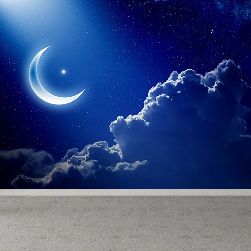 Photography Moon and Stars Mural Giant Wall Covering for Dining Room, Custom Printed Blue Design 1 Clearhalo 'Wall Decor' 'Wall Mural' 1689529