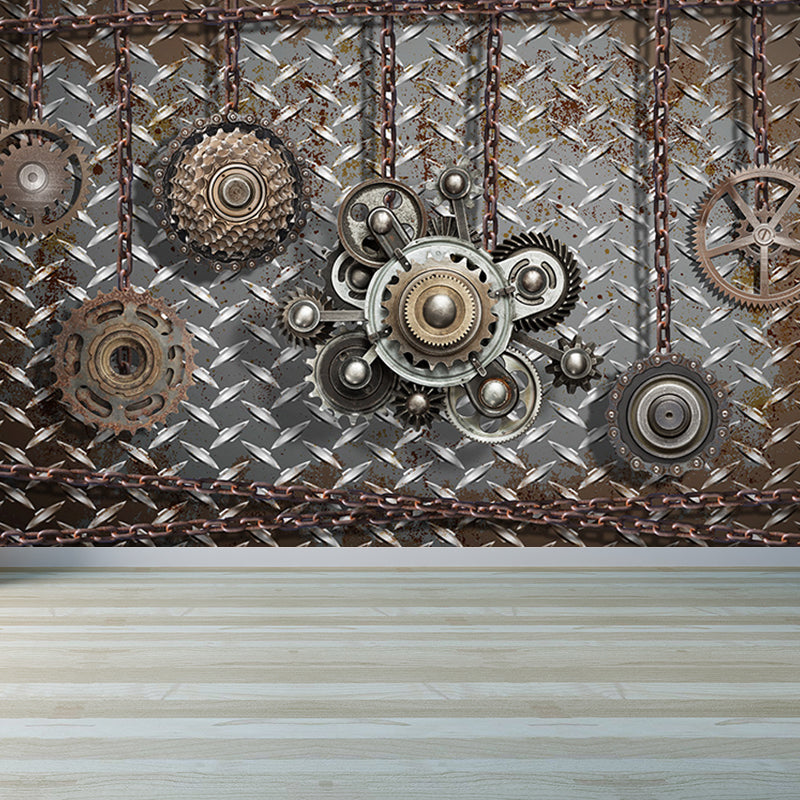 Industrial Metal Gearing Wall Mural Light Color Chain Transmission Wall Covering Silver Gray Clearhalo 'Wall Decor' 'Wall Mural' 1689559