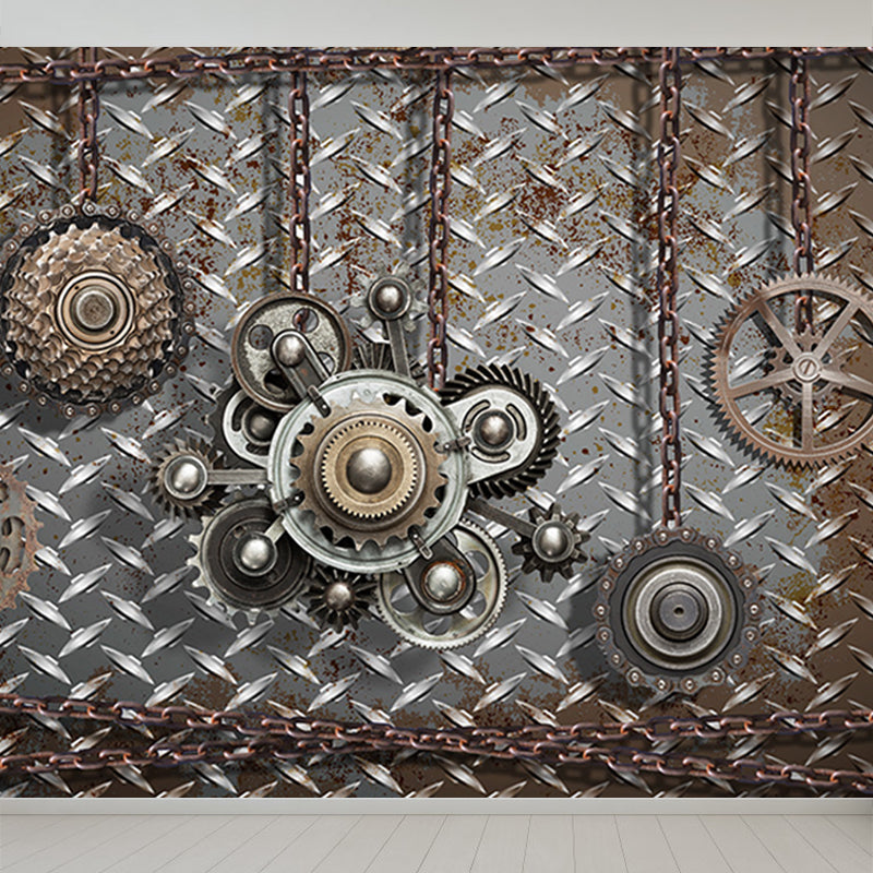 Industrial Metal Gearing Wall Mural Light Color Chain Transmission Wall Covering Clearhalo 'Wall Decor' 'Wall Mural' 1689561