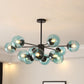 Amber/Blue/Clear Glass Spherical Chandelier Light Post Modern 6/8/10 Lights Black Pendant Lamp for Bedroom 12 Blue Clearhalo 'Ceiling Lights' 'Chandeliers' 'Clear' 'Glass shade' 'Glass' 'Industrial' 'Modern Chandeliers' 'Modern' 'Tiffany' 'Traditional Chandeliers' Lighting' 168960