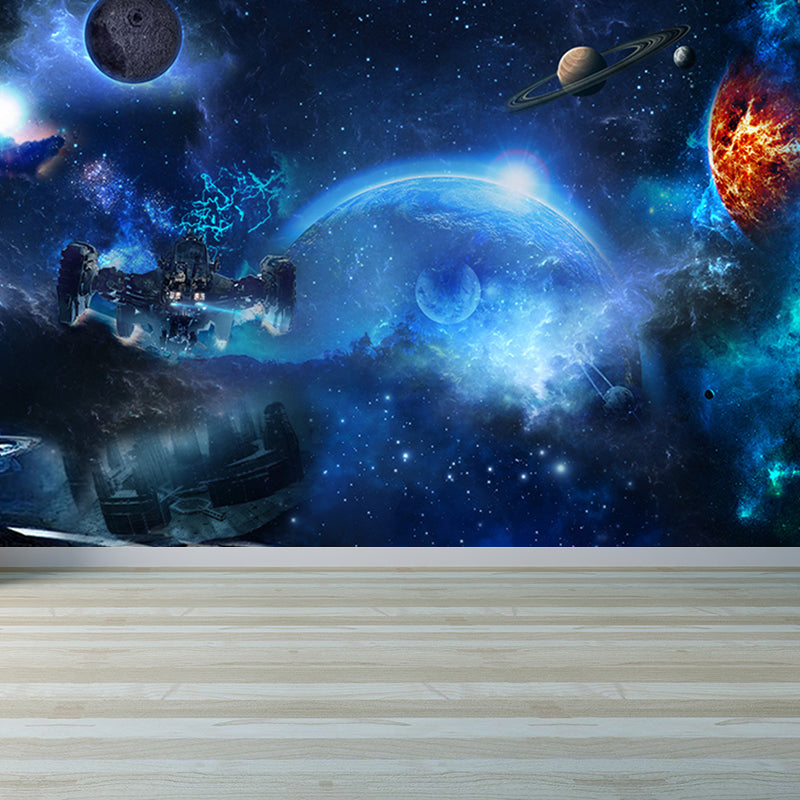 Mystical Planet Wall Mural Contemporary Non-Woven Cloth Wall Covering in Dark Blue Clearhalo 'Wall Decor' 'Wall Mural' 1689681