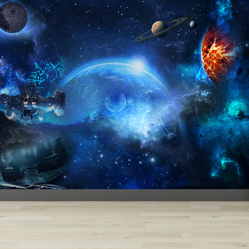 Mystical Planet Wall Mural Contemporary Non-Woven Cloth Wall Covering in Dark Blue Clearhalo 'Wall Decor' 'Wall Mural' 1689682