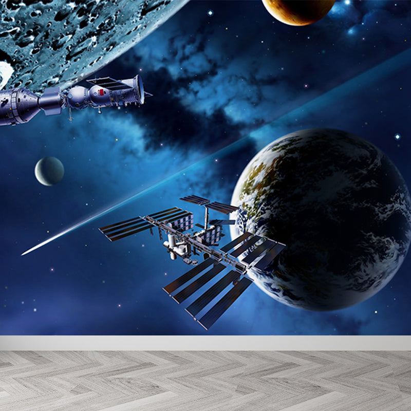 Mystical Planet Wall Mural Contemporary Non-Woven Cloth Wall Covering in Dark Blue Clearhalo 'Wall Decor' 'Wall Mural' 1689687