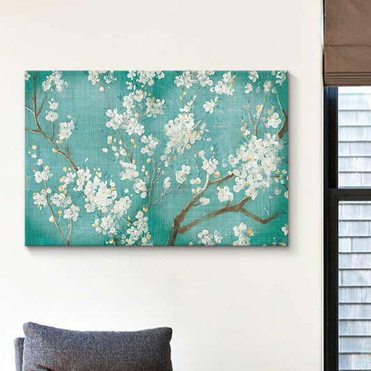 Blossoming Plum Tree Wall Art Traditional Canvas Painting in White on Blue for Bedroom White Clearhalo 'Art Gallery' 'Canvas Art' 'Traditional' Arts' 1689817