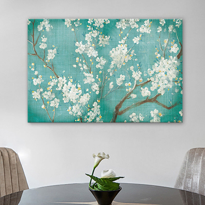 Blossoming Plum Tree Wall Art Traditional Canvas Painting in White on Blue for Bedroom Clearhalo 'Art Gallery' 'Canvas Art' 'Traditional' Arts' 1689818