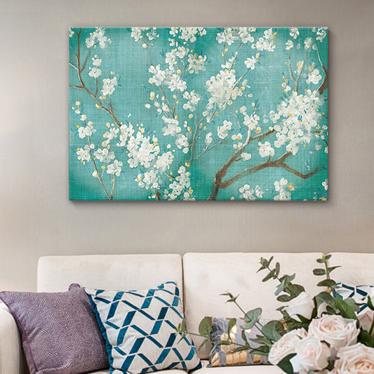 Blossoming Plum Tree Wall Art Traditional Canvas Painting in White on Blue for Bedroom Clearhalo 'Art Gallery' 'Canvas Art' 'Traditional' Arts' 1689819