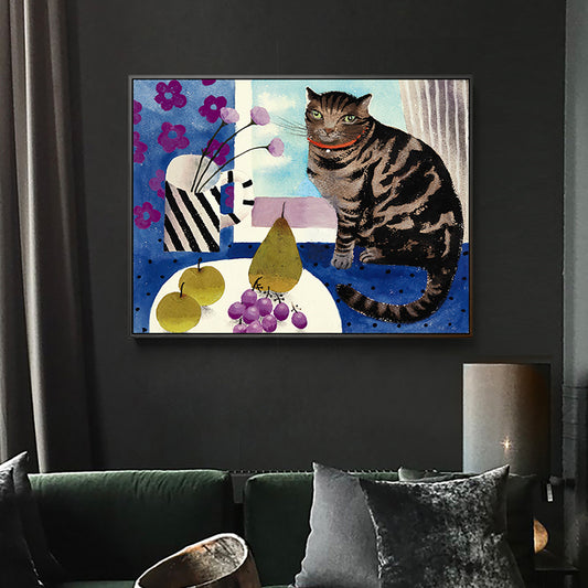 Childrens Art Kids Wall Art Cat and Fruit Painting Canvas Print for Bedroom Blue Clearhalo 'Art Gallery' 'Canvas Art' 'Kids' Arts' 1689863