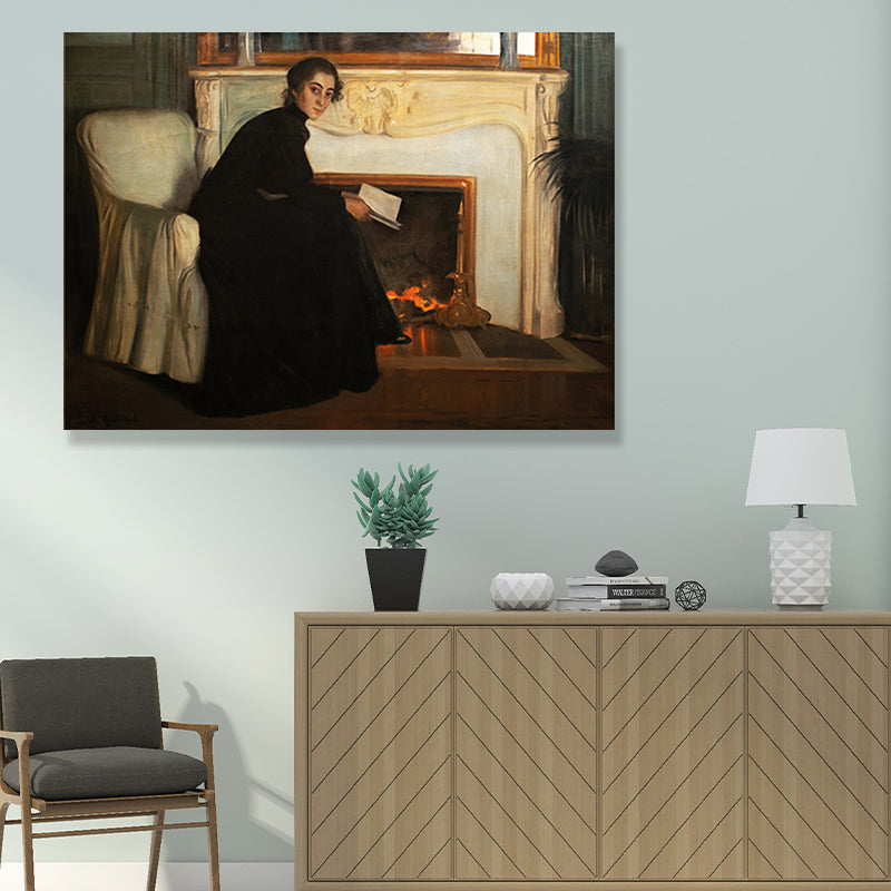 Traditional Style Canvas Pastel Color Girl and Fireplace Painting, Multiple Sizes Clearhalo 'Art Gallery' 'Canvas Art' 'Traditional' Arts' 1689919