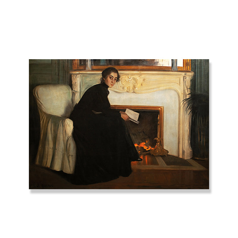 Traditional Style Canvas Pastel Color Girl and Fireplace Painting, Multiple Sizes Clearhalo 'Art Gallery' 'Canvas Art' 'Traditional' Arts' 1689920
