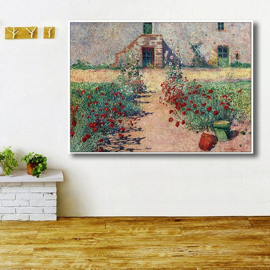 French Country Canvas Art Green House Front Flower Lane Painting for Living Room Clearhalo 'Arts' 'Canvas Art' 1689974