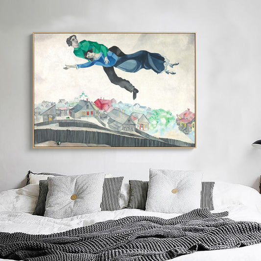 Lovers in the Sky Painting for Bedroom Marc Chagall Wall Art Decor in Blue, Textured Blue Clearhalo 'Art Gallery' 'Canvas Art' 'Kids' Arts' 1690058
