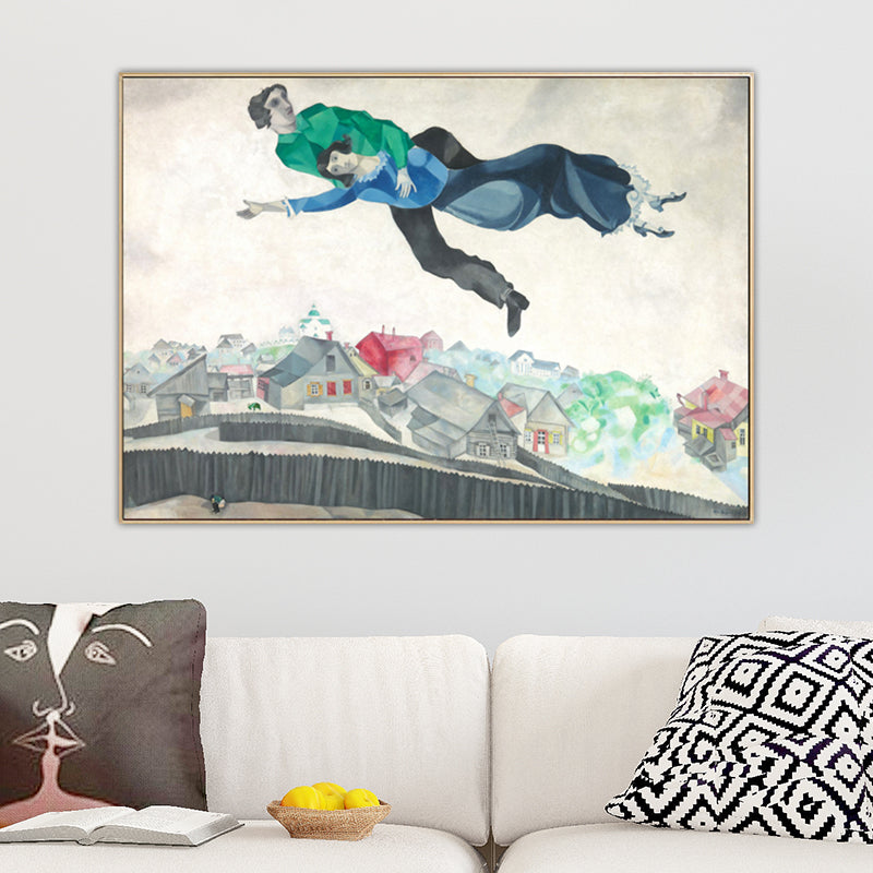 Lovers in the Sky Painting for Bedroom Marc Chagall Wall Art Decor in Blue, Textured Clearhalo 'Art Gallery' 'Canvas Art' 'Kids' Arts' 1690059