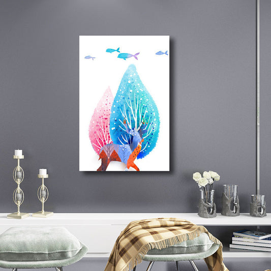 Canvas Home Wall Decor Modernist Elk and Tree Art Print in Blue, Multiple Size Available Clearhalo 'Art Gallery' 'Canvas Art' 'Kids' Arts' 1690067