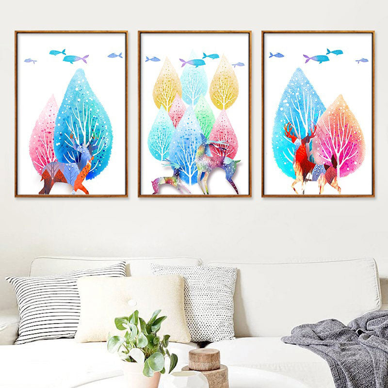 Canvas Home Wall Decor Modernist Elk and Tree Art Print in Blue, Multiple Size Available Clearhalo 'Art Gallery' 'Canvas Art' 'Kids' Arts' 1690073