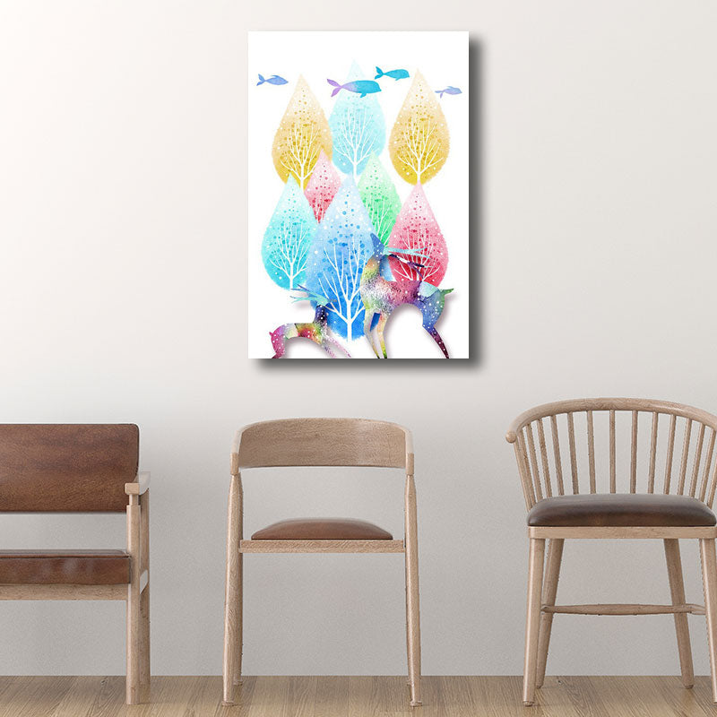 Canvas Home Wall Decor Modernist Elk and Tree Art Print in Blue, Multiple Size Available Clearhalo 'Art Gallery' 'Canvas Art' 'Kids' Arts' 1690074