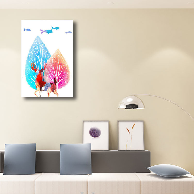 Canvas Home Wall Decor Modernist Elk and Tree Art Print in Blue, Multiple Size Available Clearhalo 'Art Gallery' 'Canvas Art' 'Kids' Arts' 1690077