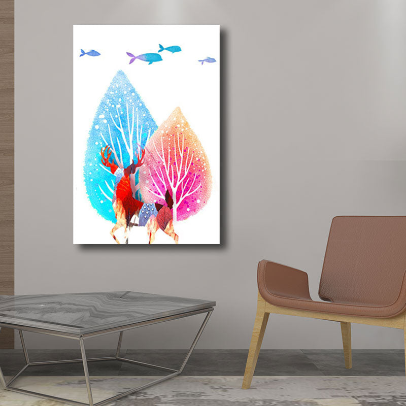 Canvas Home Wall Decor Modernist Elk and Tree Art Print in Blue, Multiple Size Available Clearhalo 'Art Gallery' 'Canvas Art' 'Kids' Arts' 1690078