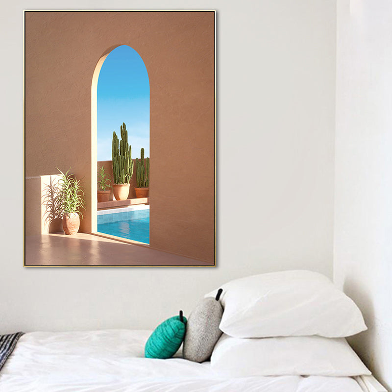 Illustration Building and Lake Canvas Art Nordic Textured Living Room Wall Decor Yellow Clearhalo 'Arts' 'Canvas Art' 1690228