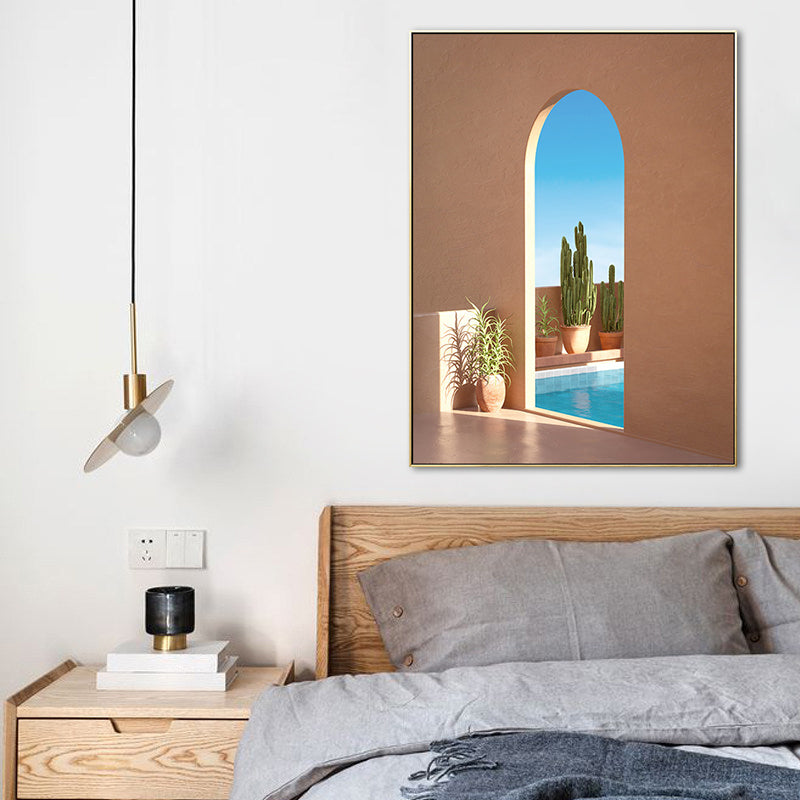 Illustration Building and Lake Canvas Art Nordic Textured Living Room Wall Decor Clearhalo 'Arts' 'Canvas Art' 1690229