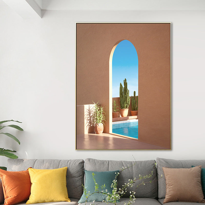 Illustration Building and Lake Canvas Art Nordic Textured Living Room Wall Decor Clearhalo 'Arts' 'Canvas Art' 1690230