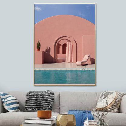 Illustration Building and Lake Canvas Art Nordic Textured Living Room Wall Decor Pink Clearhalo 'Arts' 'Canvas Art' 1690235