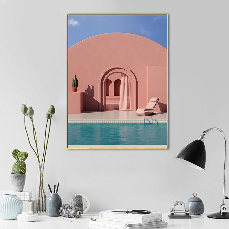 Illustration Building and Lake Canvas Art Nordic Textured Living Room Wall Decor Clearhalo 'Arts' 'Canvas Art' 1690236