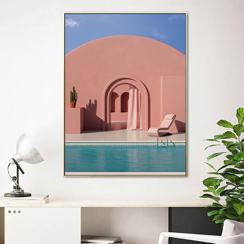 Illustration Building and Lake Canvas Art Nordic Textured Living Room Wall Decor Clearhalo 'Arts' 'Canvas Art' 1690237